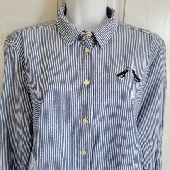 LOFT Blue White Striped 100% Cotton Button Down Shirt Embroidered Birds Size M - Picture 2 of 10